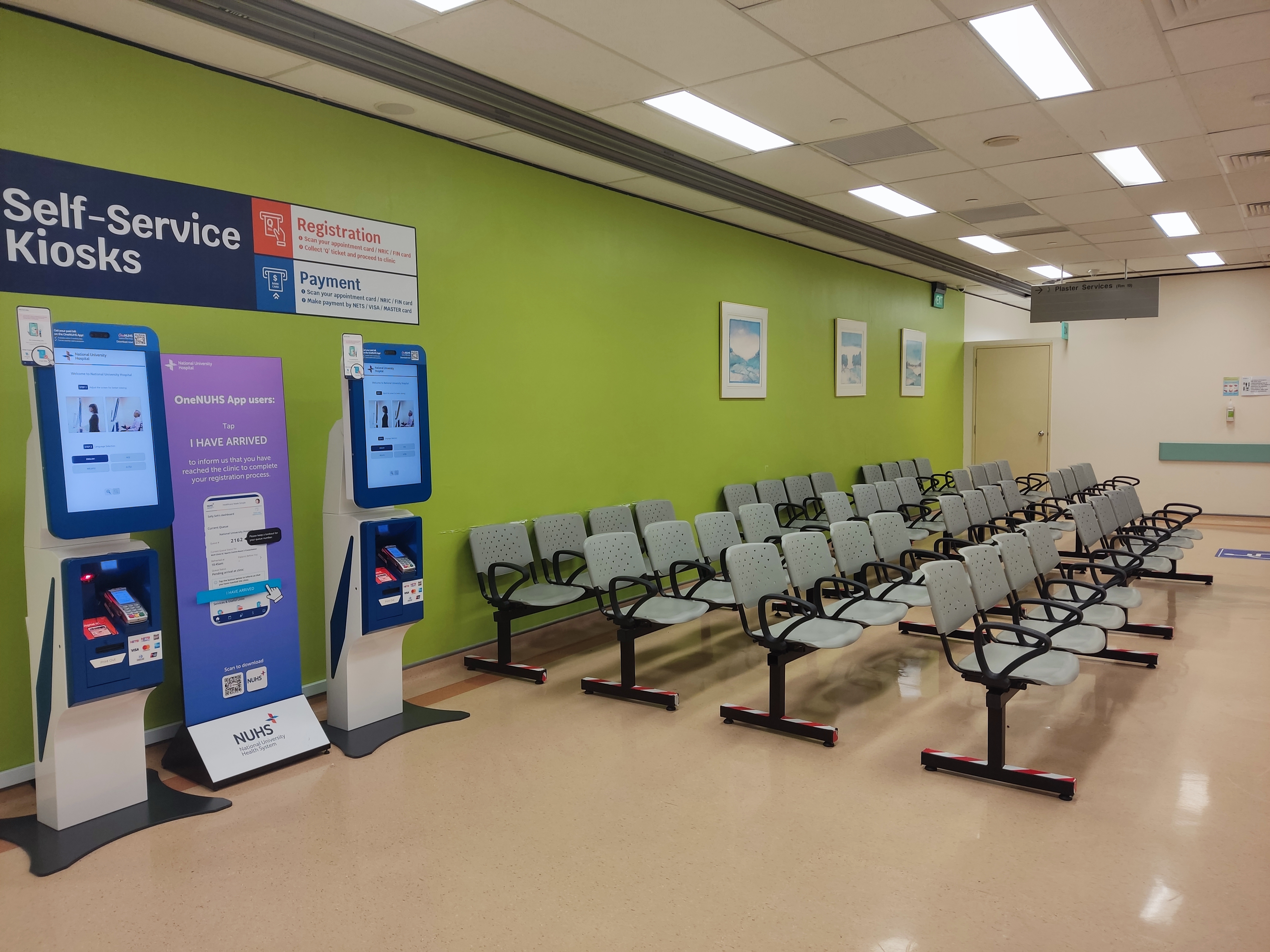 Self-service kiosks and waiting area